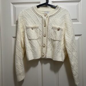 Cream Pearl-Button Cropped Cardigan Sweater